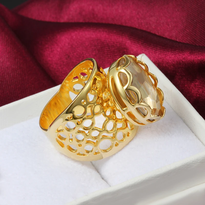 Hot sale gold color Hollow glass crystal finger ring queen fashion jewelry size 6-9 # woman girl christmas gift drop shipping | Украшения и