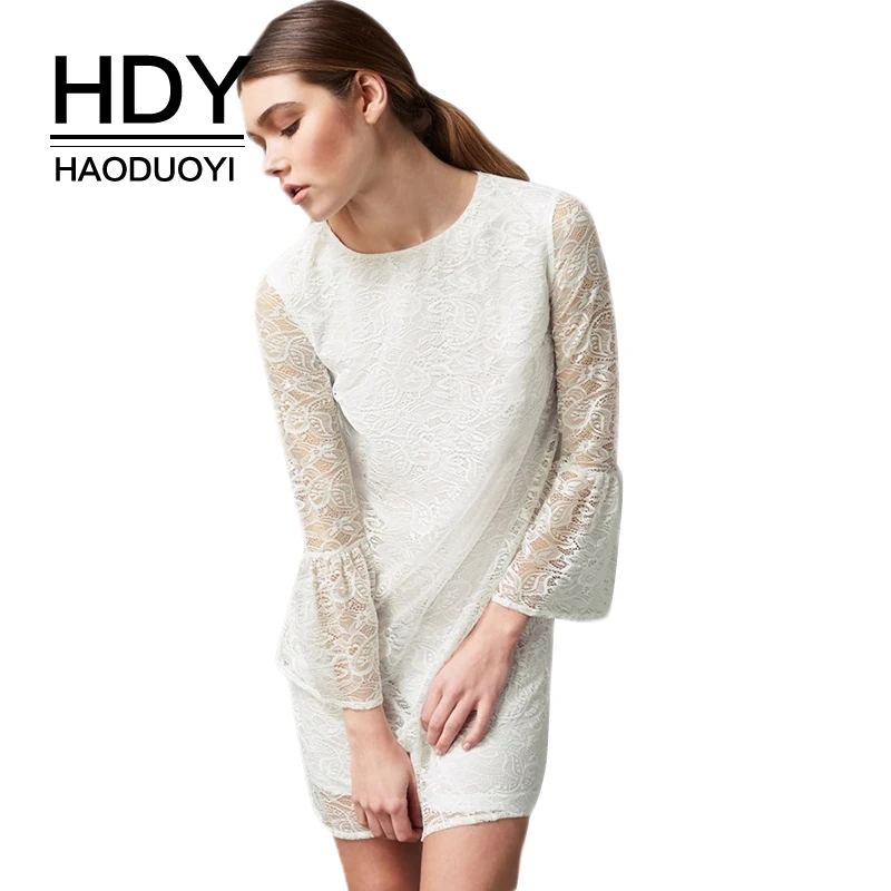 Женское мини платье HDY Haoduoyi белое ажурное с рукавами фонариками и кружевной