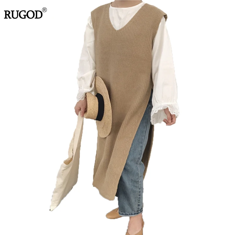 RUGOD 2017 New Winter Sweater Women Sleeveless Knitted Vest Solid Casual V-neck Long Length Slit On The One Side | Красота и здоровье