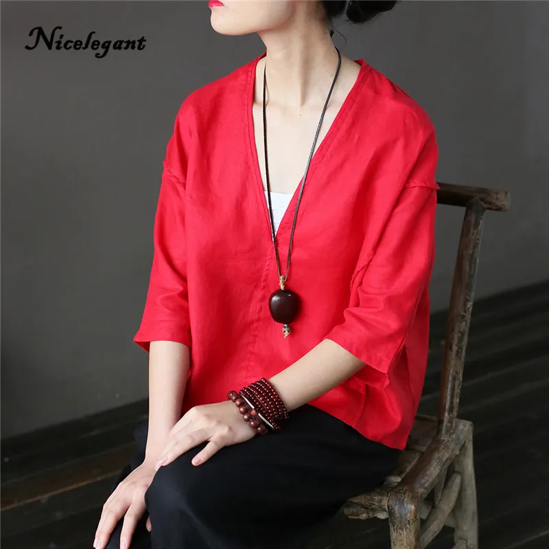 Brand New T Shirt Women Solid Summer V-Neck Spliced Half Sleeve Loose Vintage Casual Sunscreen 2019 Cotton Linen Top Tees | Женская