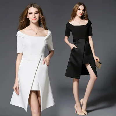 

Black A word collar Dress Summer Women 2017 Elegant Short Sleeve Midi Sexy Party Dresses New Arrivals European Style vestidos