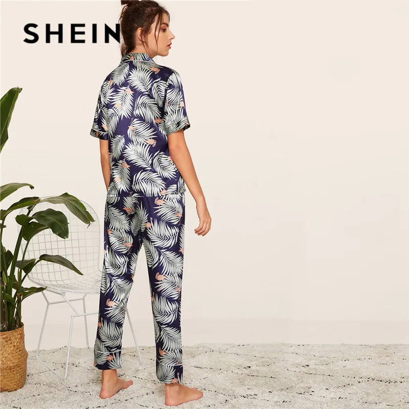 SHEIN Сатиновые весенне-летние пижамы с принтом, женская одежда, короткий рукав, длинные штаны, одежда для сна, повседневный комплект свободных пижам для дам