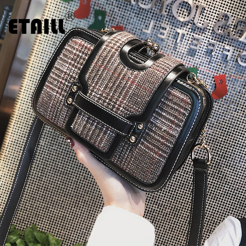 ETAILL Ретро шерстяная клетчатая женская сумка-мессенджер для девочек английская Сетчатая Сумка через плечо Маленькая дамская сумка через плечо с клапаном