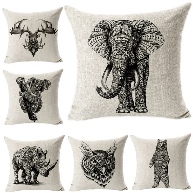 

Brief Animal sketch Cushion Cover Cotton Linen Decorative Pillowcase Chair Seat Square 45x45cm Pillow Cover Home Living Textile