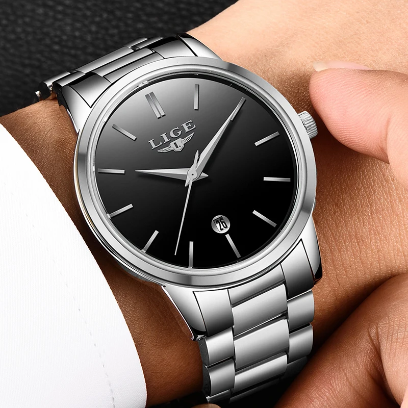 LIGE Fashion Casual Brand Waterproof Watch Men Slim Simple Stainless Steel Quartz Watches Clock Mens Relogio Masculino +gift box | Наручные
