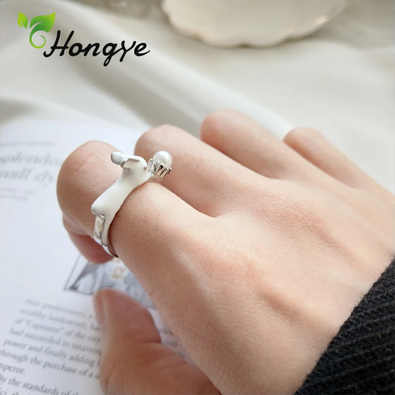 

Cute Rabbit Pearl Ring Women Silver 925 Real Brand Adjustable Finger Accessories Silver Jewelry Female Summer Created Women Ring