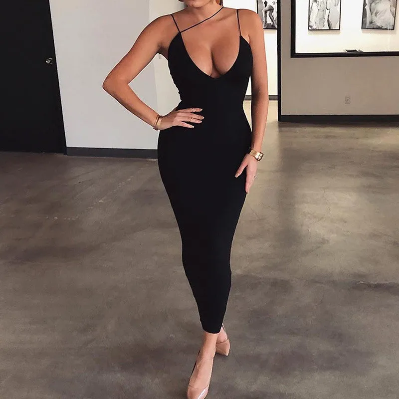 

Sexy Strap V-neck Elastic Slim Midi Dress Women Fluorescent Color Sleeveless Skinny Long Dresses Skinny High Waist Beach Dress