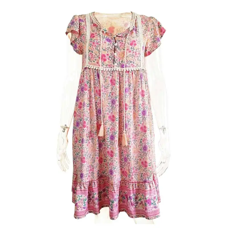 Boho платье для женщин розовый цветочный v образный вырез короткий рукав шикарное