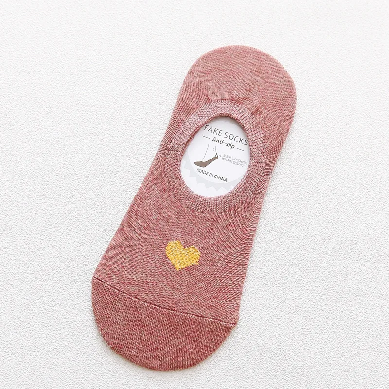 5 пар/лот, летние хлопковые женские носки, короткие золотые носки с сердечками, 5 цветов, невидимый женский силикон, нескользящие носки-лодочки, 35-40