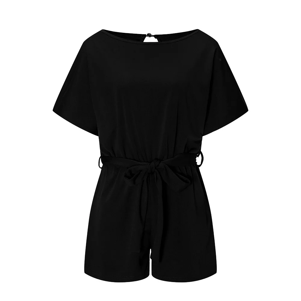 ELSVIOS Casual Playsuit Summer O-neck Short Sleeve Office Lady Romper Fashion Women Sashes Elegant Overalls Solid Beach Jumpsuit | Женская