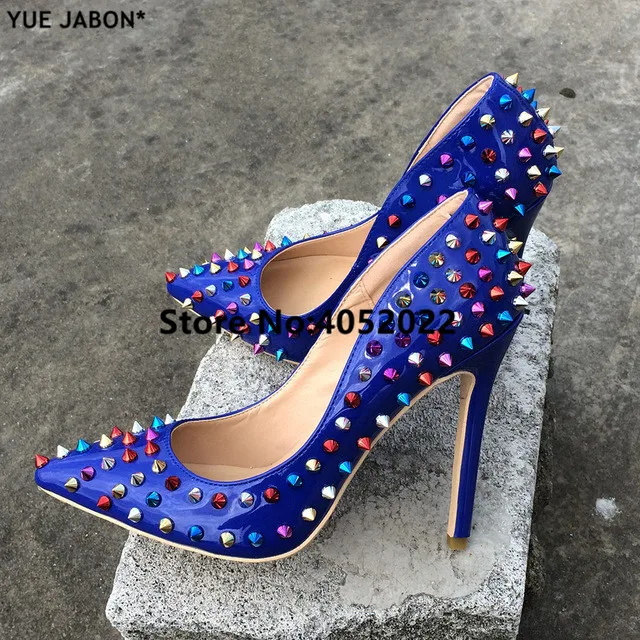 

YUE JABON Sexy multi colorful heels Shoes Pointed Toe Women Pumps Rivet Studded For Wedding Party Dress Shoes Stiletto Heel 12CM