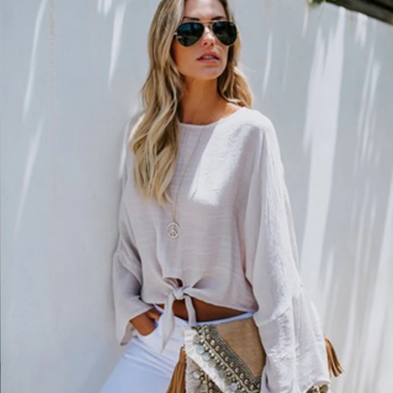 Women Bow Tie Long Sleeve Blouse Autumn Loose O Neck Tops Female Casual Solid Blouses Streetwear |