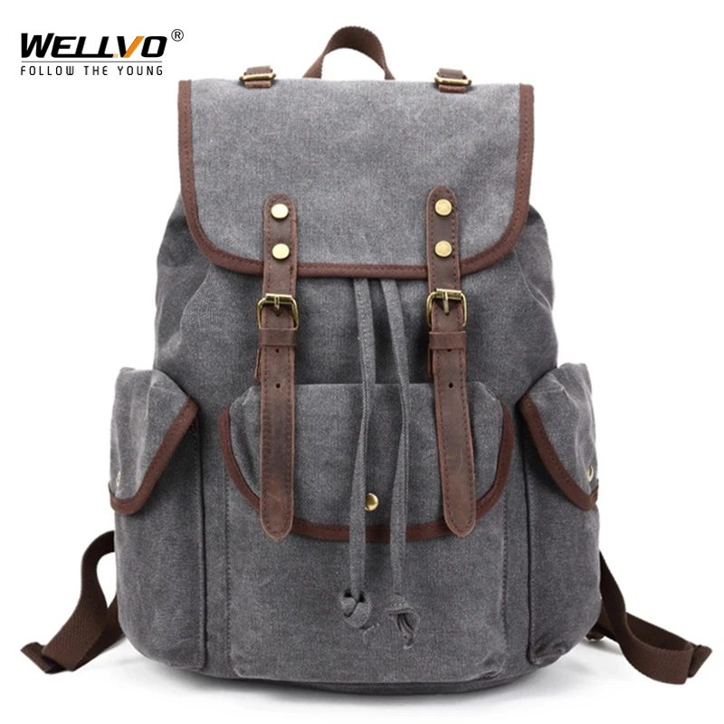 

Large Men's Vintage Canvas Backpack School Male Drawstring Leather Buckle Rucksack Travel Shoulder Bag Tourist Backpacks XA49WC