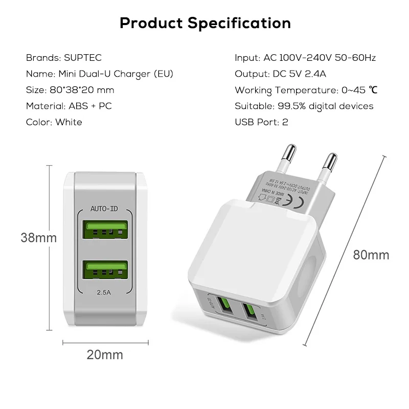 SUPTEC 5V 2.4A двойное зарядное устройство USB для IPhone 8 Plus 6 7 X Xs Max XR быстрое настенное