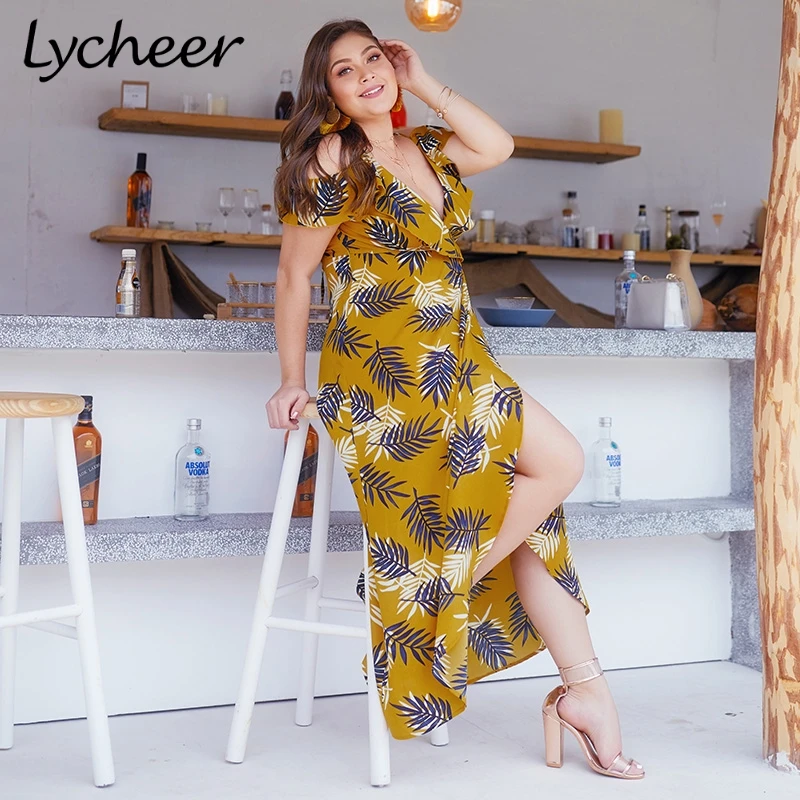 Женское длинное платье Lycheer желтое большого размера в форме листа с принтом стиле