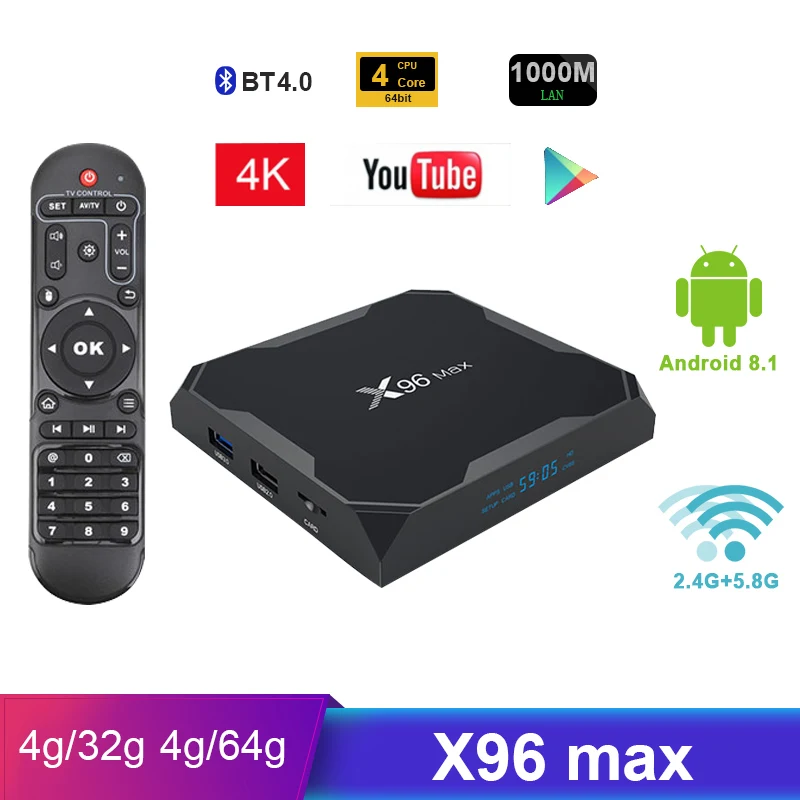 Приставка Смарт ТВ X96 MAX Android 9 0 Amlogic s905x2 4K медиаплеер 2 Гб ОЗУ 16 ГБ/32 ГБ/64 ГБ 4 ГБ/5 Wi