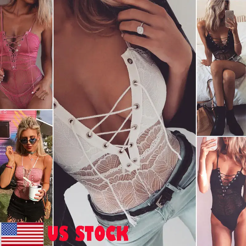 US2019 V шеи Кружева женщин Bodycon бандажный купальник трико короткий комбинезон топы