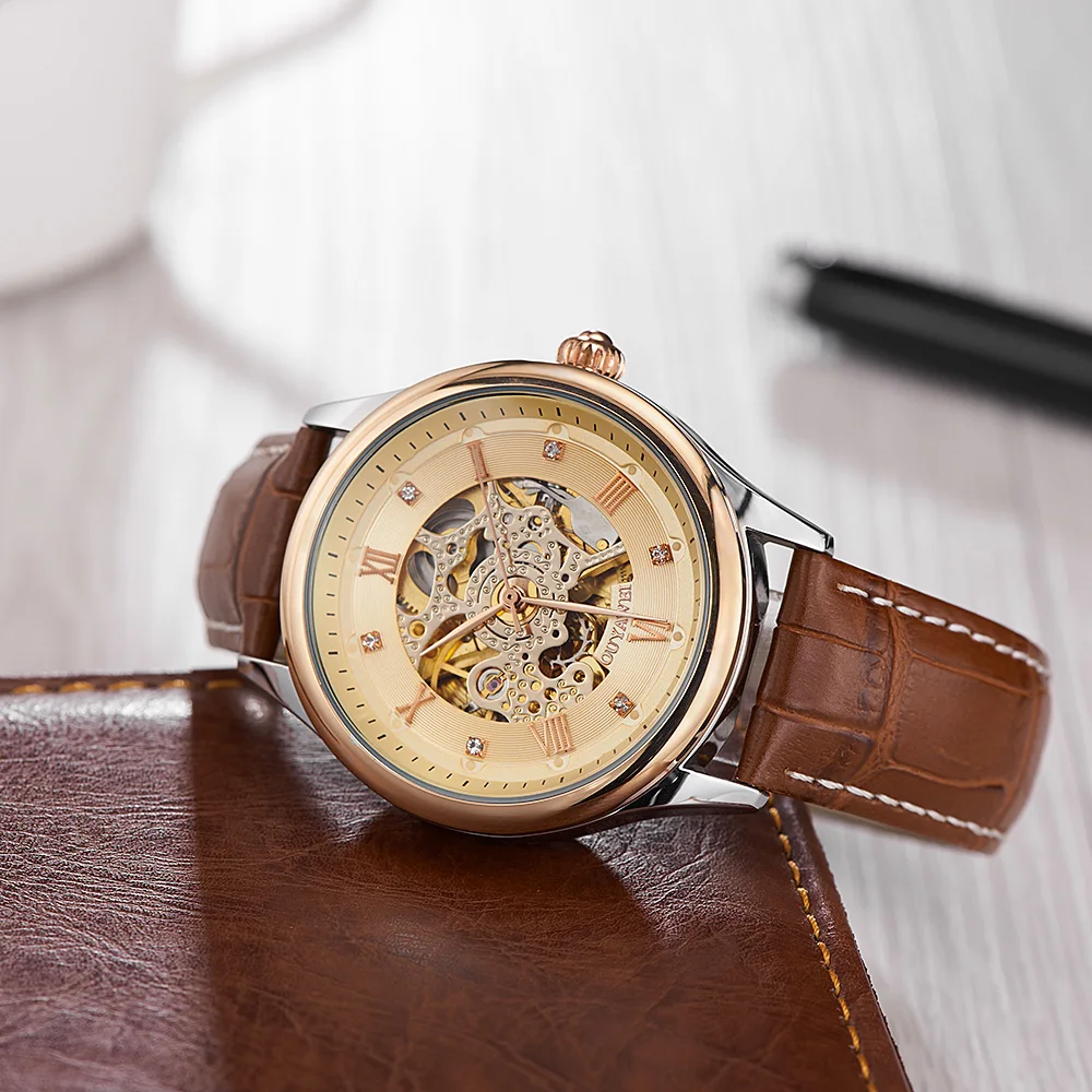 Мужские механические наручные часы скелетоны с автоподзаводом золотые кожаным