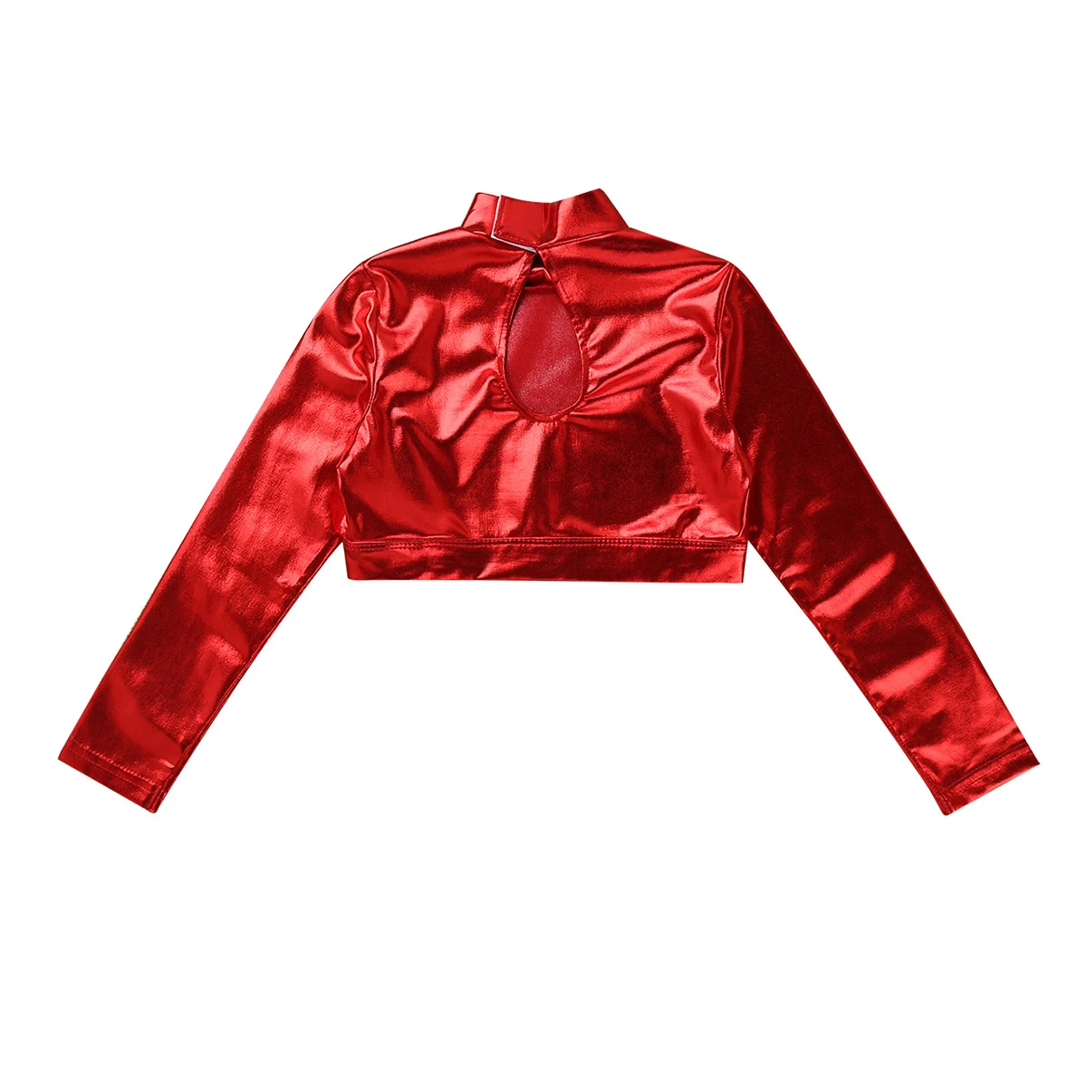 Children Kids Girls Long Sleeves Mock Neck Glossy Metallic Tops Crop Top for Dancing Stage Performance Ballet Class Dancewear