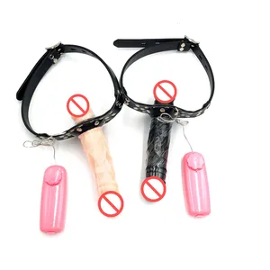 Female Lesbian Double Vibrate Dildos Penis Mouth Gag Ball With Adjustable Leather Harness Bondage Restriants Adult BDSM Sex Toy