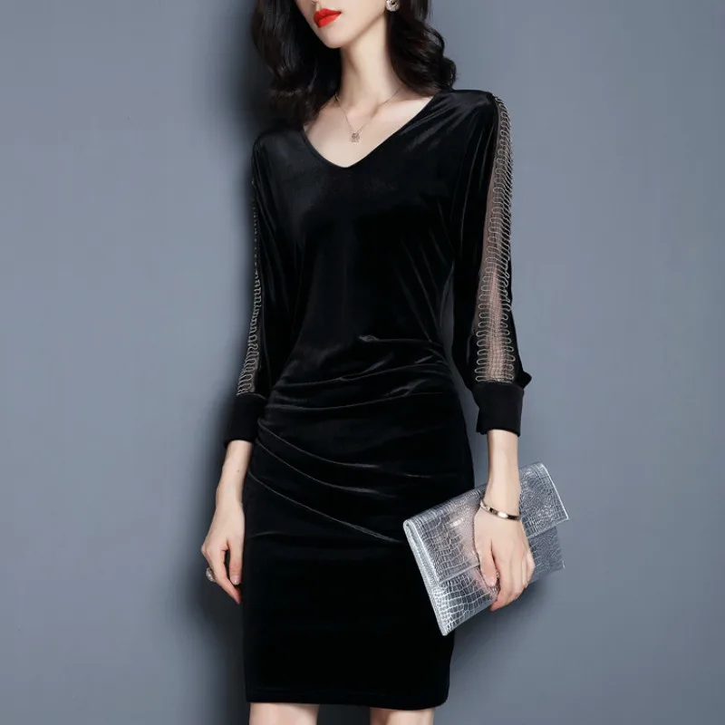 Loneyshow 2018 Autumn Gold Velvet Women's Dress Retro Stitching V-neck Long Section Waist Pocket Hip Black And Grey | Женская одежда