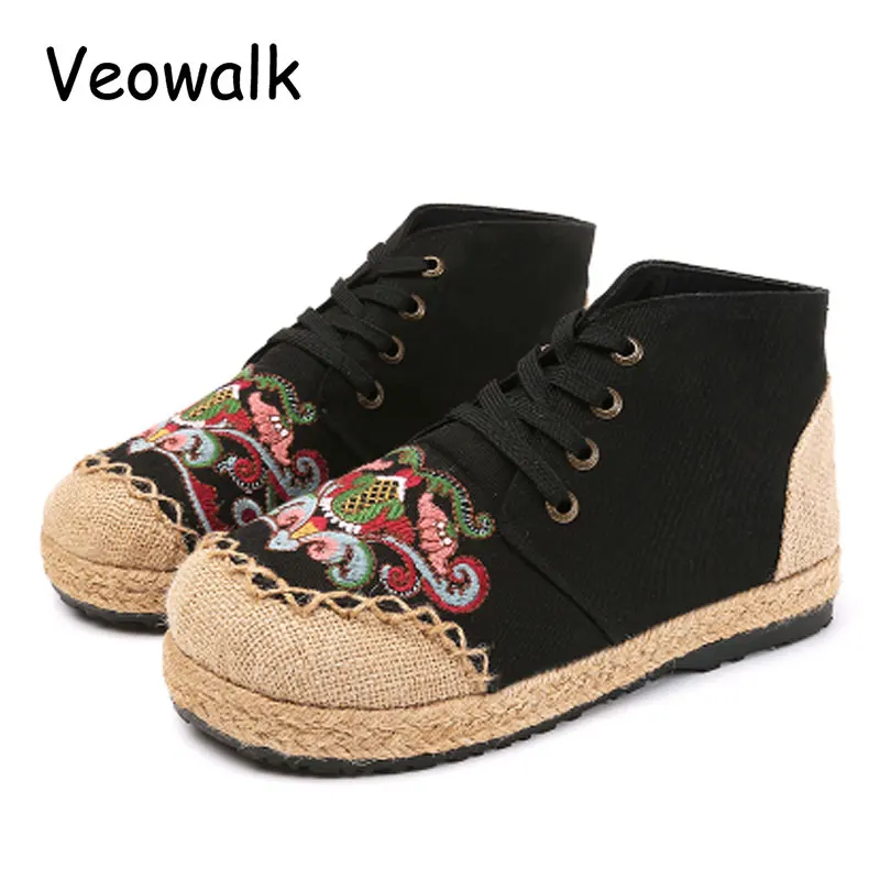 Veowalk/женские высокие льняные парусиновые кроссовки с вышивкой в буддизме и тотеме; женская обувь на плоской платформе в стиле ретро со шнуровкой в стиле пэчворк