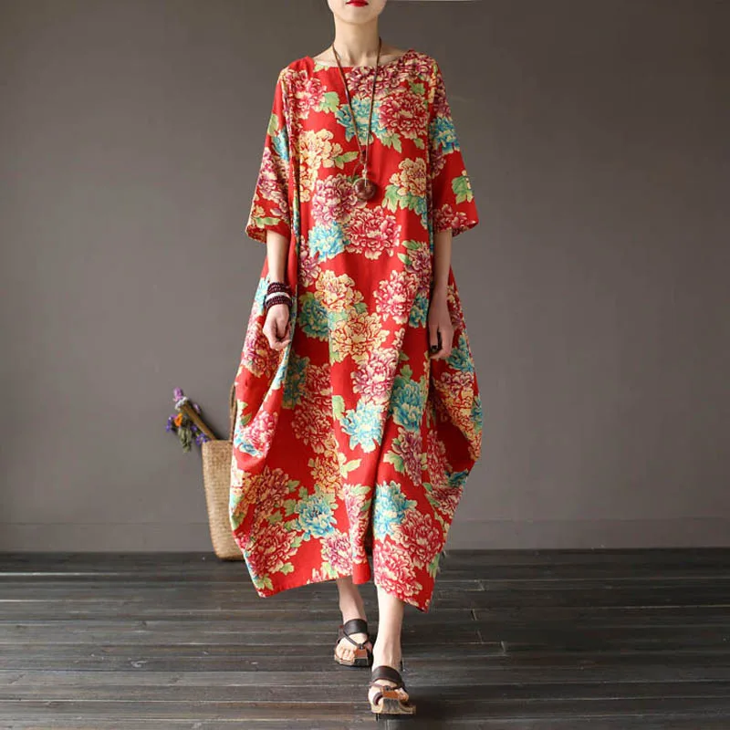 

Women Print Floral Dresses Chinese Style Summer New Half Sleeve O Neck Women Vintage Loose Cotton and linen female Dresses