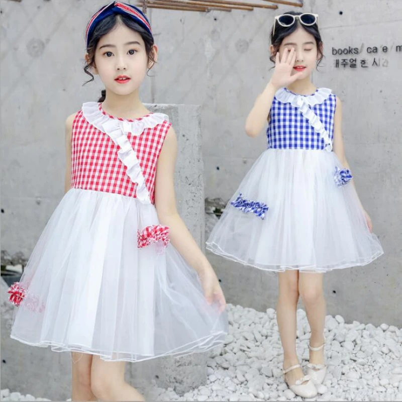 Новинка лета 2019 клетчатое платье без рукавов для девочек пышная сетчатая