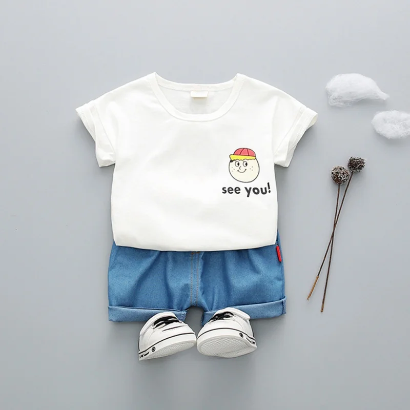 New Summer Baby Boys Short Sleeve Cotton Cartoon Letter Print Tops Blouse T-shirt+Shorts Casual Outfits Sets |