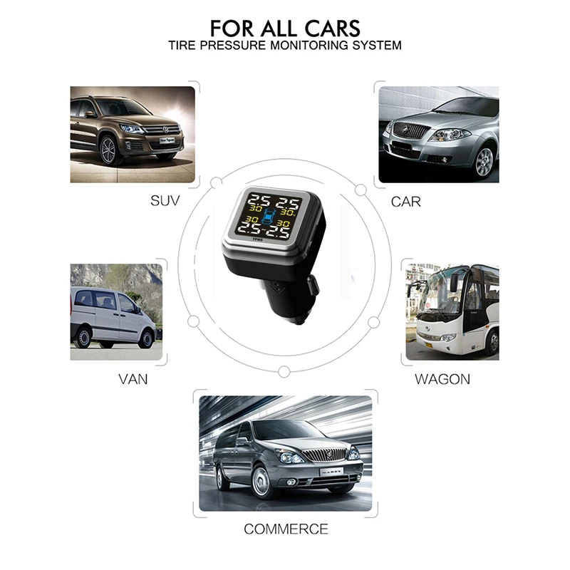 TPMS сигаретный адаптер, умный автомобильный монитор давления, беспроводная система, 4 шт., внутренний ЖК-дисплей, Автомобильная охранная сигнализация