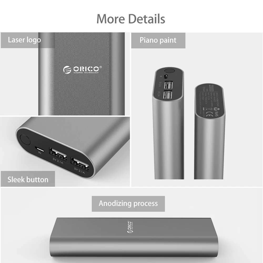 ORICO 20000mAh power Bank Dual 5V 2.1A USB порт внешняя батарея портативное зарядное устройство для