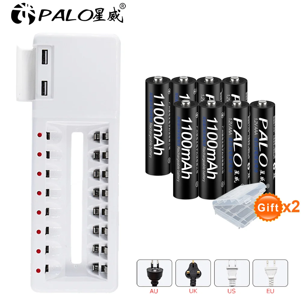 PALO 8 шт AAA 1,2 V Ni-MH аккумуляторная батарея+ 2 USB интерфейс зарядное устройство для AA AAA Ni-CD Ni-MH 1,2 V аккумуляторная батарея