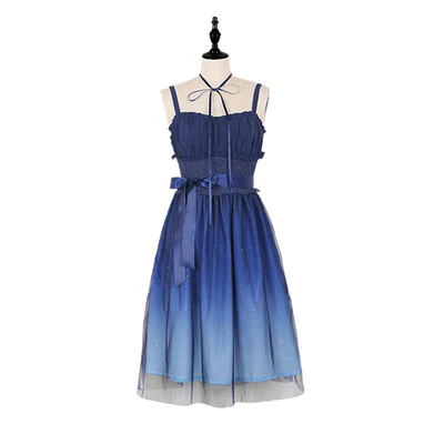 Short Dress Старое голубое градиентное женское летнее платье на подтяжках, двухслойное платье с вуалью Феи Кэй, платье лолиты и внутренняя белая рубашка - Цвет: Short Dress