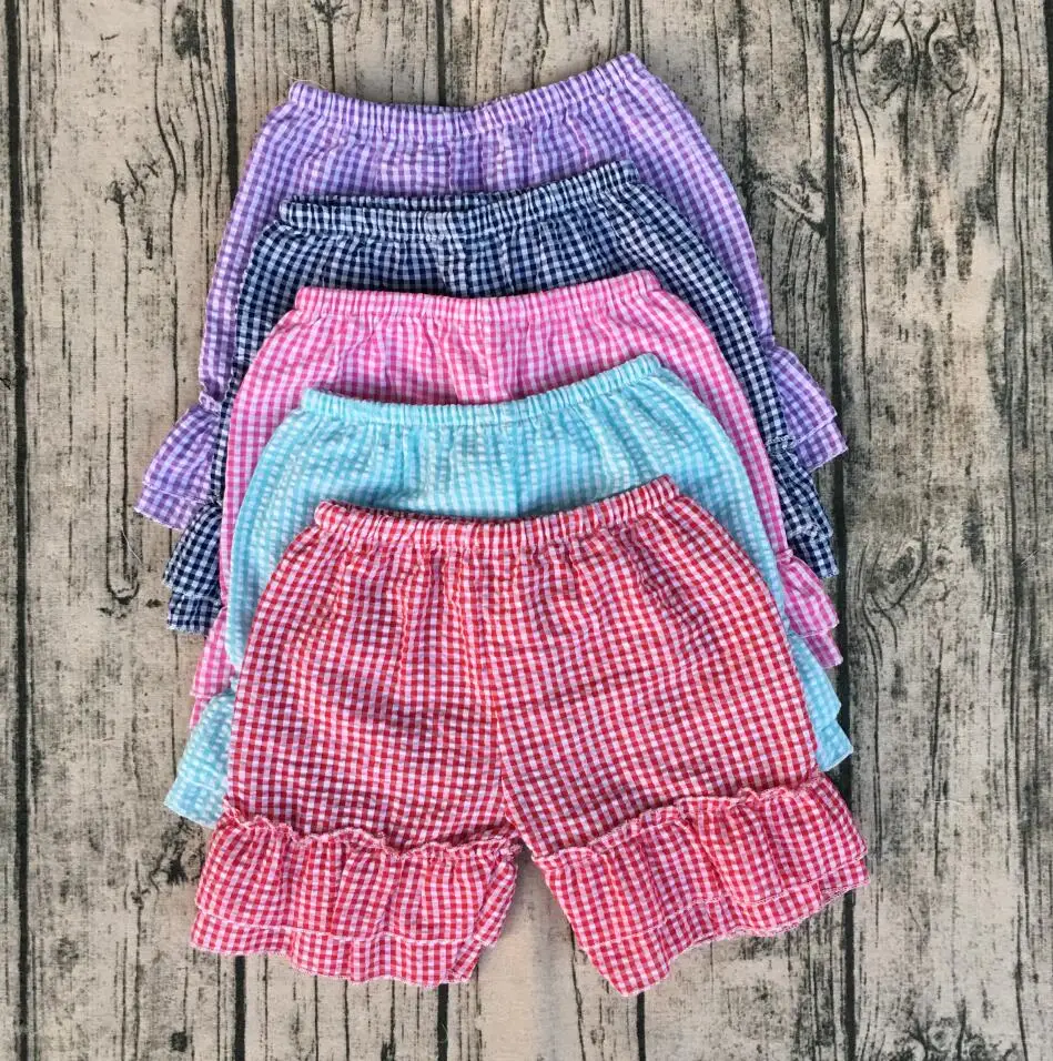 

wholesale boutique seersucker shorts for children girls double ruffle shorts newborn baby clothing