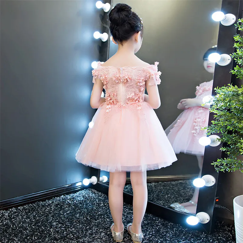 

2020 Noble Pink Children Girls Fashion Shoulderless Birthday Wedding Party Long Dress Babies Girls Flowers Princess Lace Dress