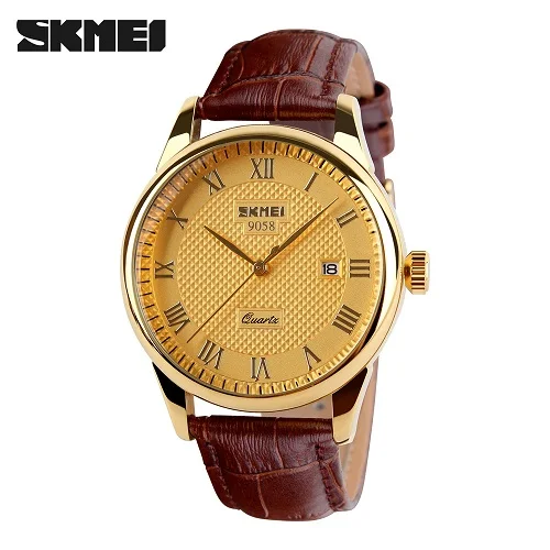 M G G Brown SKMEI Модные мужские нарядные часы водонепроницаемые британские Бизнес Кварцевые Топ Роскошные часы Пары часы дисплей спортивные наручные часы 9058 - Цвет: M G G Brown