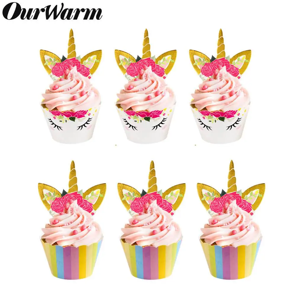 OurWarm 48 шт. Радужный Единорог торт, топперы, капкейки обертки для дня рождения украшения торта детский душ Единорог вечерние принадлежности