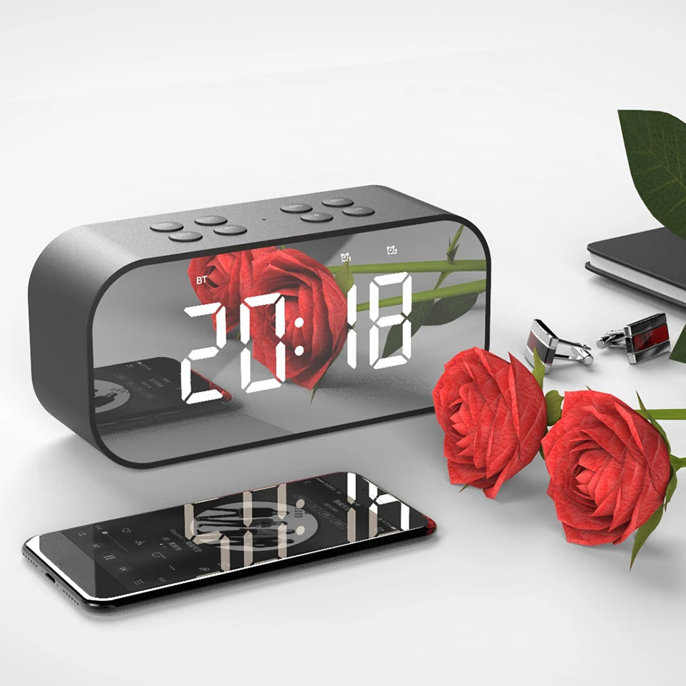 Bluetooth Speaker with FM Radio LED Mirror Alarm Clock Subwoofer Music Player Snooze Desktop Clock Portable Mirror MP3 Player