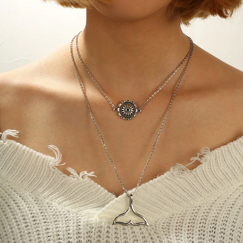 Fashion Bohemian Fish Tail Multi Layer Necklaces For Women Girl Sliver Color Flower Summer Beach Wind Necklace Charm Jewelry | Украшения и