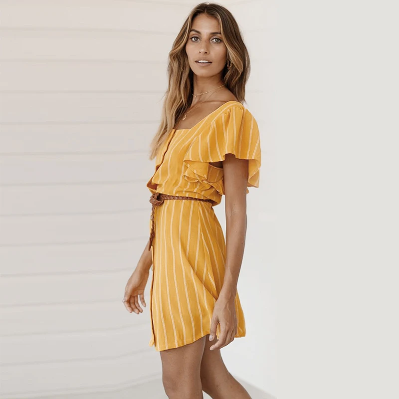 Женское летнее платье с коротким рукавом-бабочкой и квадратным воротником