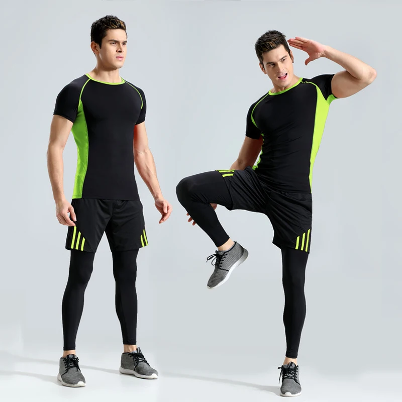 2018 новые мужские Бег комплект 2 цвета 3 шт./компл. футболки + короткие узкие Штаны