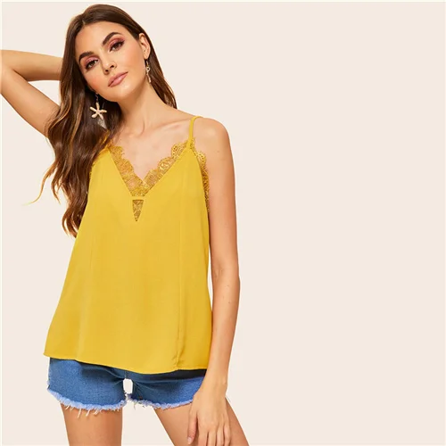 Ginger Sheinside бордовый двойной V средства ухода за кожей Шеи вертикальная полоса Cami Top для женщин Лето г. Повседневное одноцветное Топы без рукаво - Цвет: Ginger