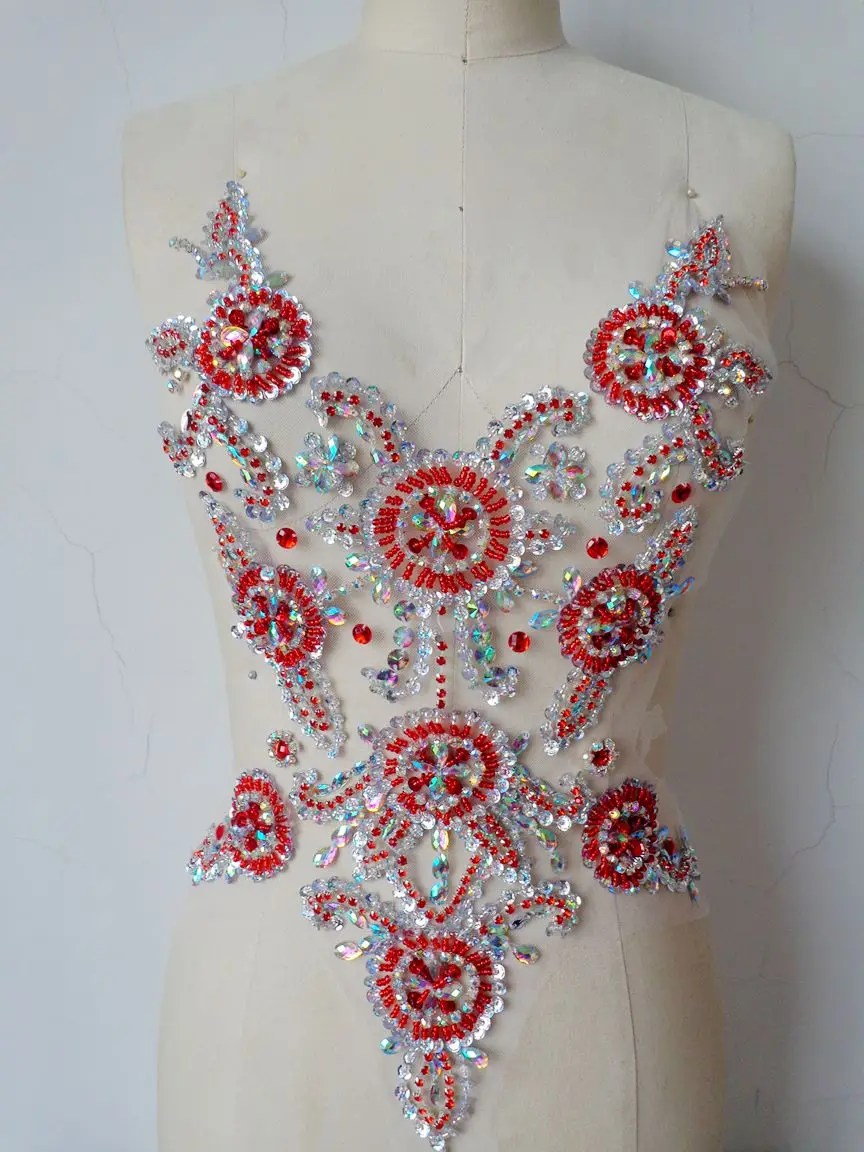 Handmadesky красные/прозрачные AB цветные пришивные стразы аппликация на сетке