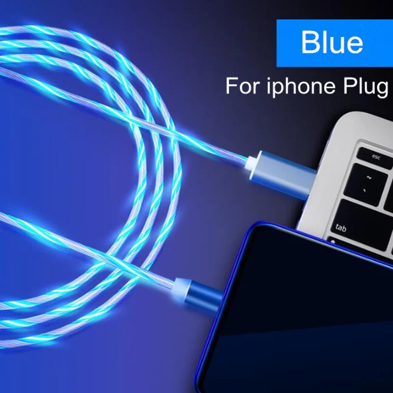 Blue For iphone Цветной светодиодный магнитный кабель для телефона, быстрая зарядка, кабель Micro USB Type C, зарядное устройство для iPhone XS 8, Xiaomi, Samsung, кабель USB C - Цвет: Blue For iphone