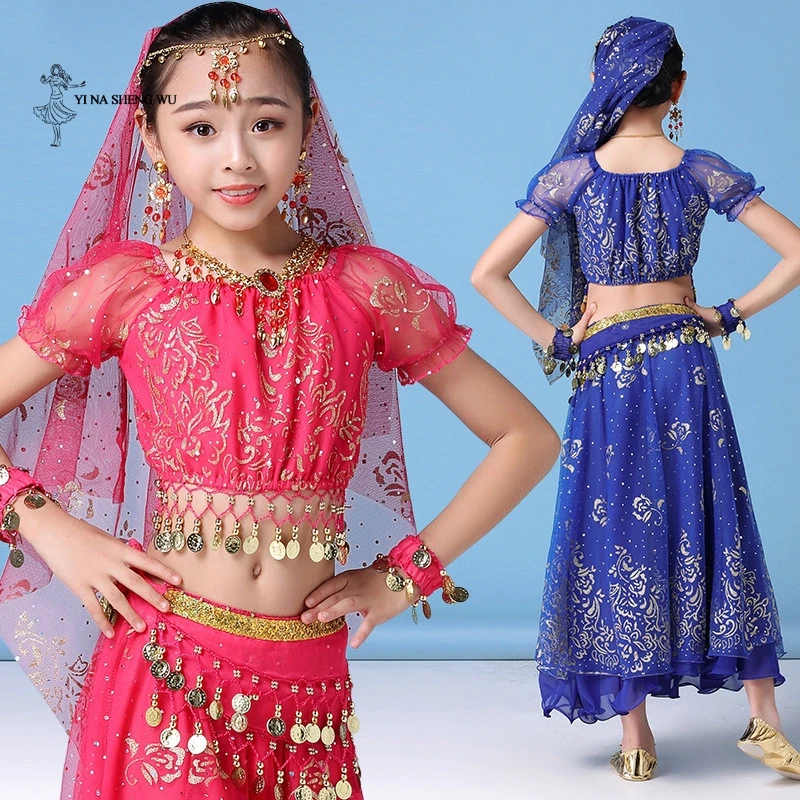 

Childern Girl Belly Dance Costume Dress Indian Oriental Dance Sari Bollywood Bellydance Suit Performance kids Coins Top Belt