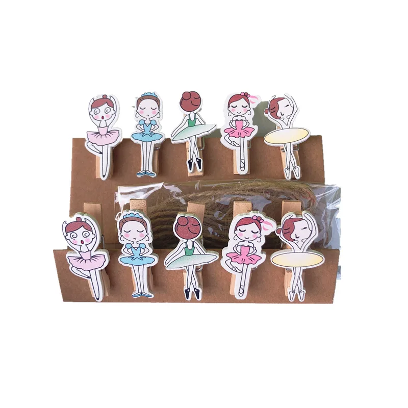 

10 Pcs/Set Beautiful Ballet Girl Wooden Clip Photo Clips Party Decoration Clip with Hemp Rope