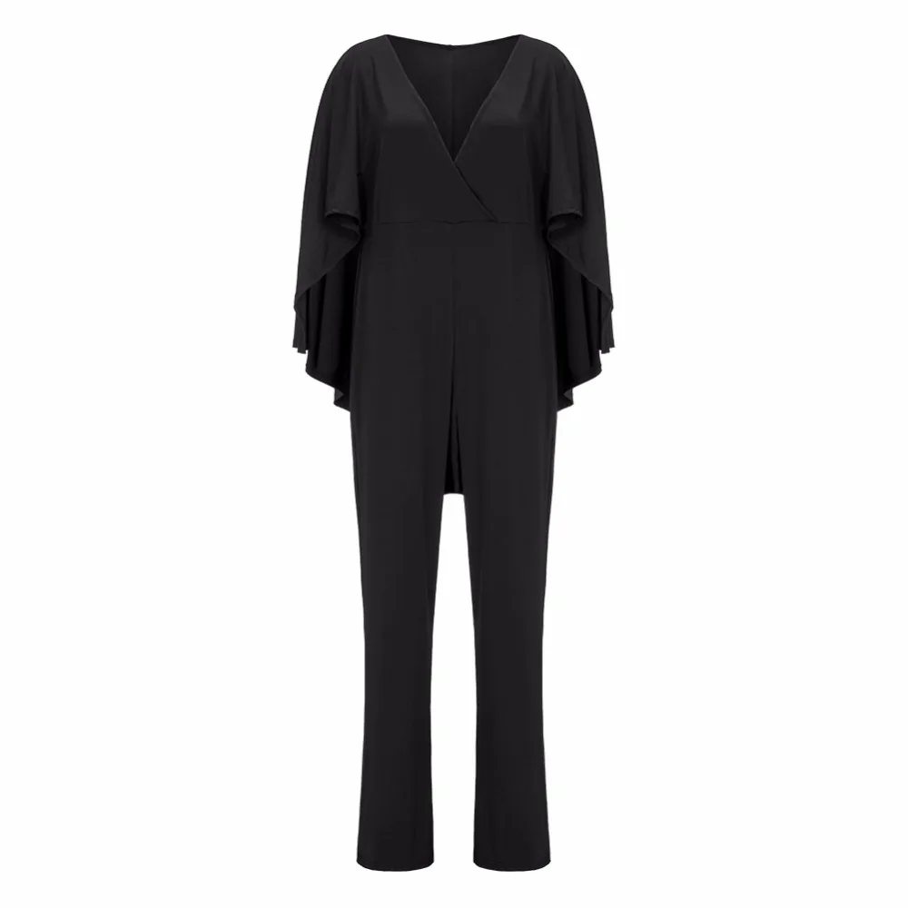 Женский Длинный комбинезон с V образным вырезом размеры до 3XL|belted jumpsuit|black long