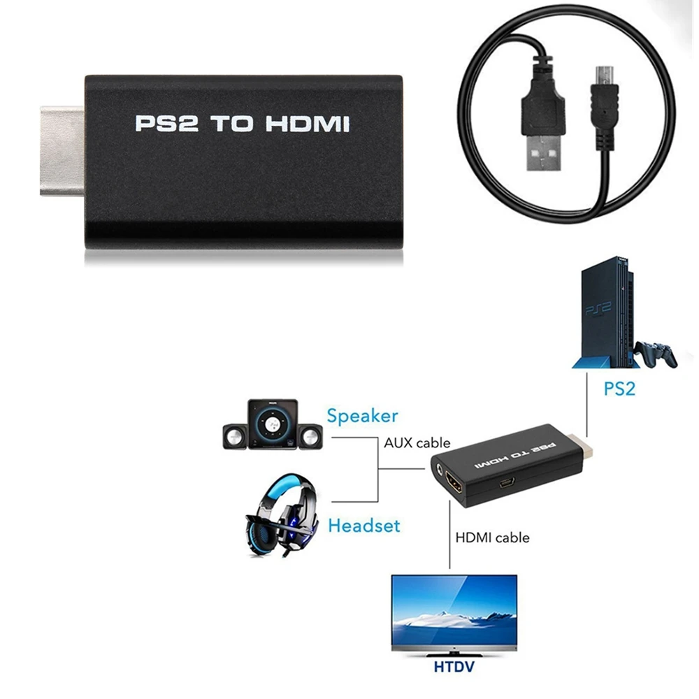 Для PS2 преобразователь видеосигнала HDMI адаптер с 3,5 мм аудио выход игра в HDMI конвертер с HDMI кабель для hdtv-компьютер гарнитуры