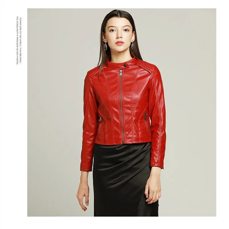 Korean Style Fashion Fit Crop Jacket Women Bomber Motorcycle Streetwear PU Red Spring | Женская одежда