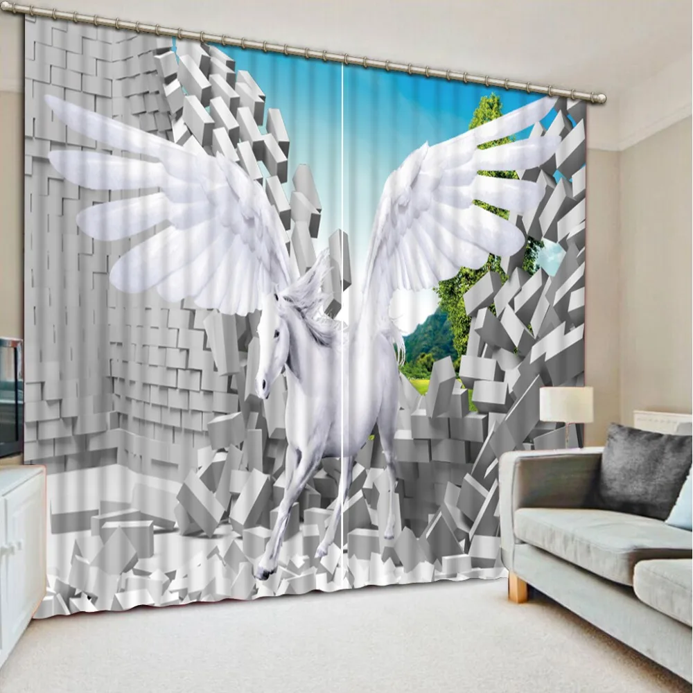 3D Curtain Blackout Shade Window Curtains Brick Animal Flying Horse Home Decoration Bed Room Living Hotel Cortinas | Дом и сад